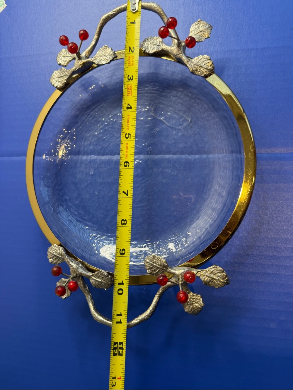 Vtg Clear Glass Dish, Sculptured, Metal Frame 
adorned With Red Berries READ - Picture 14 of 16